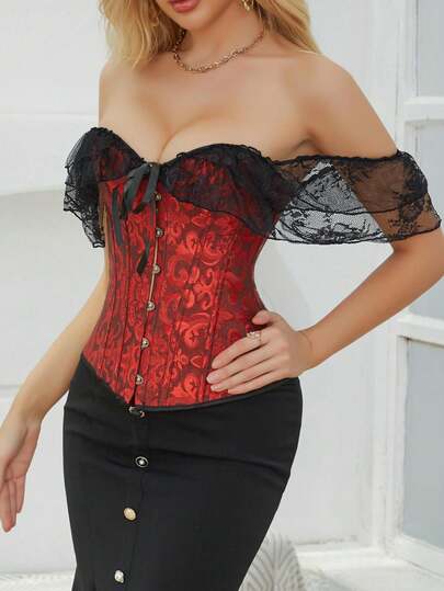 Top corset noir à une épaule avec patchwork en dentelle Luna Slim pour femmes, volants vintage sexy, bustier court, convient pour le quotidien, les fêtes, les sorties, les performances, l'extérieur, la rentrée, le style punk, Thanksgiving, les festivals de musique, Noël, le Nouvel An, les soirées