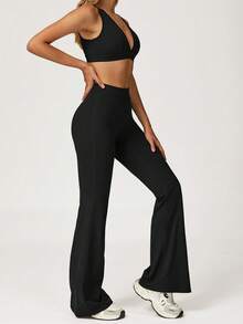 Aoqta Sport Damen Zweiteiler Outdoor Lässig Sport Laufen Yoga einfarbig sexy BH und schmal geschnittene Hose Fitness Set - Schwarz - Übersicht 5