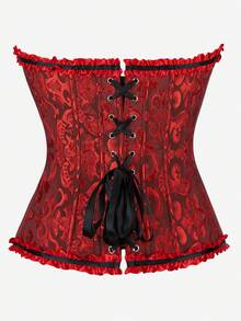 Corset Overbust Bustier, Classic Corset Bodice Strapless, Sweet Fitted Boned Bodysuit, Ruffle Trim Waist Cincher Tops For Masquerade, Halloween - Màu Đỏ Sâu - Xem 6