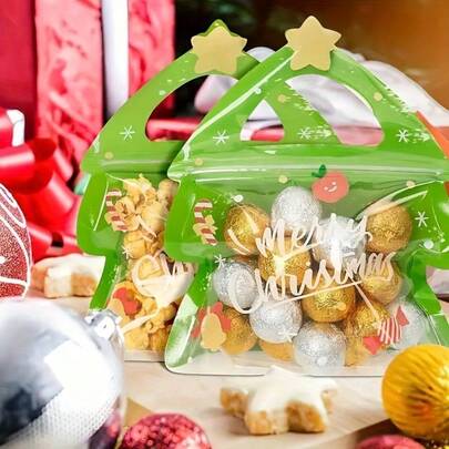 QILJH-30pcs Festive Christmas Tree & Reindeer Themed Gift Bags With Resealable Zipper - PET Plastic, Transparent Window Design For Candy, Cookies, Holiday Party Favors & Gifts, Christmas Gift Bags