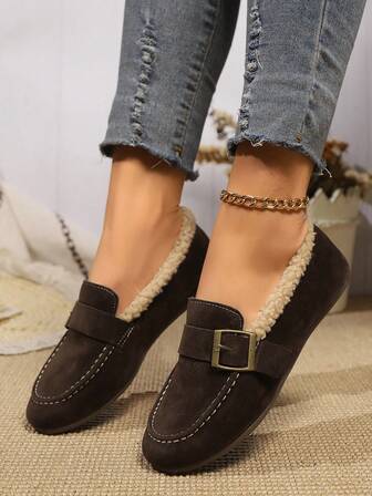 Women's -On Loafers With Thermal Lined, Metal Buckle Decor, Flat Casual Winter Moccasins