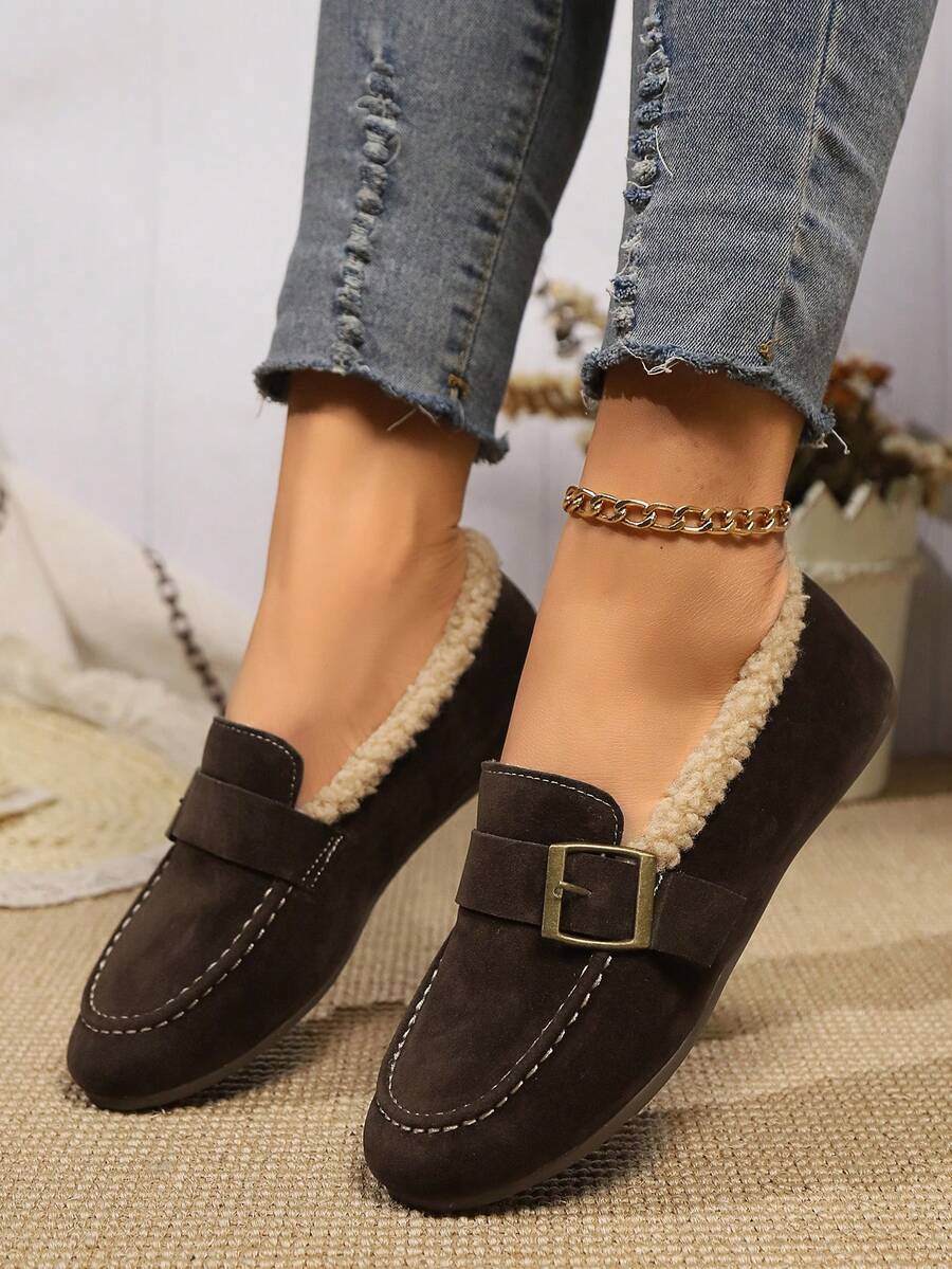 Women's -On Loafers With Thermal Lined, Metal Buckle Decor, Flat Casual Winter Moccasins