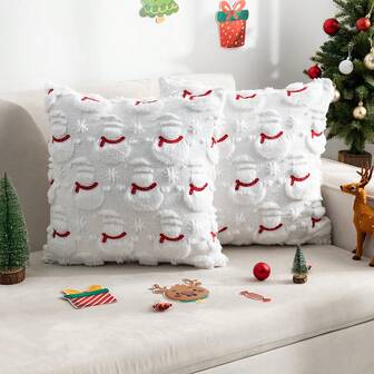2pcs Christmas Tree, Deer, Snowman Pattern Quilted Plush Pillow Covers, Soft Square Cushion Covers For Home Decor, Living Room, Bedroom, Sofa, Suitable For All Seasons