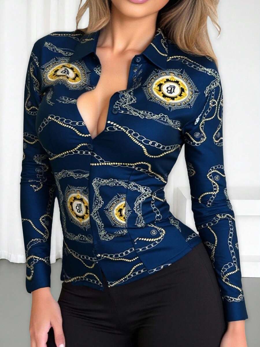 女式 Y2K 蛇纹长袖修身衬衫，优雅波西米亚风格，春夏 - 藍色 - 查看 1