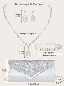 4 件套水钻首饰套装金色闪亮项链耳环手链套装女士晚礼服手拿包新娘婚礼贝壳优雅信封包女士球与可拆卸金属链婚礼和派对女士单肩包女士包女士手提包多功能闪光手提包鸡尾酒会婚礼新款钱包宴会包 - 銀色 - 查看 8