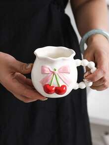1pc Cute 3D Bowknot & Cherry Ceramic Coffee Mug, Romantic Dotted Yogurt Cup, Water Cup, Unique Creative Milk Cup, Suitable For Afternoon Tea, Daily Afternoon Tea / Best Choice For Girlfriend Gathering