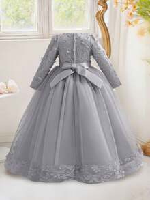 Váy hoa bé gái cổ tròn tay dài phối ren lưới 3D nơ hoa thanh lịch cho tiệc trang trọng, sinh nhật, không bao gồm băng đô - Xám - Xem 2