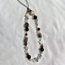 1pc Retro Brown Leopard Print Cat Beaded Phone Lanyard, Short Phone Case Wrist Strap Charm Bead Chain Necklace Camera Hanging Accessory For Women