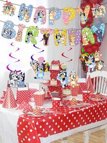 Bluey 1 طقم أعلام قابلة للسحب + 12 علامة حلزونية ديكور حفلة عيد ميلاد بموضوع بلوي الجميل، هدايا
