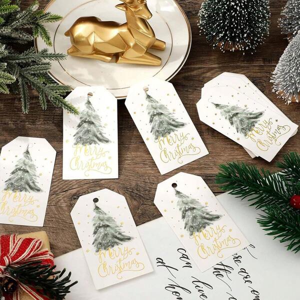 Etiquetas de presente de Feliz Natal, aquarela, pinheiro, etiquetas em branco para pendurar com corda para presente de Natal, inverno, artesanato faça você mesmo