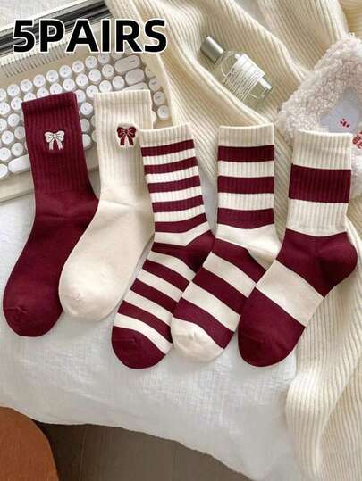 1 Pair/5 Pairs Women Burgundy Mid-Calf Socks, Casual & Versatile Long Socks For Autumn/Winter