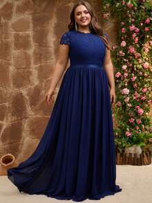 Women's Elegant Formal Lace Patchwork Embroidered Zipper Chiffon Dress, Suitable For Formal Events, Bridesmaid, Wedding Guest, Prom, Birthday Party, Summer/Autumn/Spring