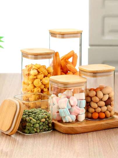 1个高硼硅透明玻璃密封罐，带木盖，适用于存放咖啡豆、茶叶、谷物、香料、饼干、糖果和其他食品，厨房配件，多种尺寸可选，耐冷冻和耐高温玻璃罐