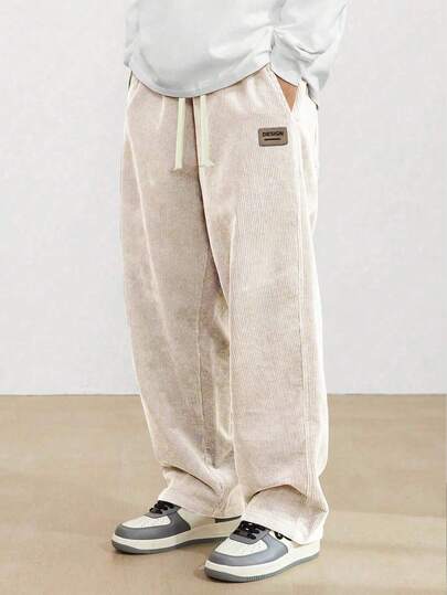 1pc Men's Corduroy Loose Straight Casual Pants, Solid Color Sports Wear, For Fall