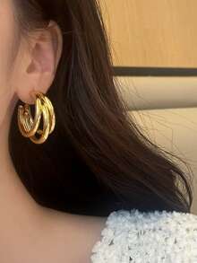 6pcs/Set Vintage Minimalist C-Shaped Multi-Layer Petite Geometric Metal Stud Earrings Set, Versatile For Daily And Holiday Wear - Multicolor - View 3
