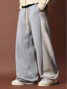 Men's Casual Loose Straight Wide Leg Pants With Color Blocking - Grey - View 3