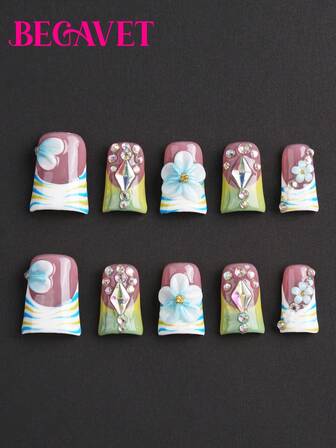 BEGAVET New 10pcs Duck Nails Handmade Salon Quality Press On Nails 3D Carved Flower Exclusive Design 3D Nails With 3D Charms, Suitable For Valentine, New Year Parties/Music Festival And Daily Wear