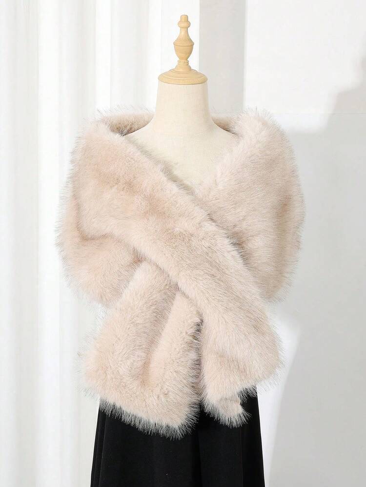 1pc Faux Fur Bridal Shawl With Collar, Autumn/Winter Cape For Wedding Dress, Scarf - Two-tone Apricot - View 9