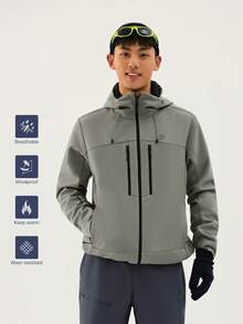 TECTOP 男士保暖连帽夹克，多拉链口袋，户外徒步滑雪软壳外套，秋冬季 - 綠色 - 查看 3