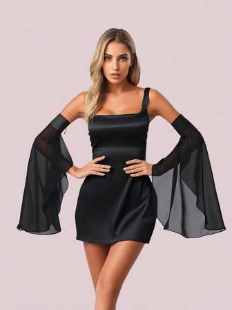 1 件黑色雪纺泡泡袖哥特新娘袖配饰，涤纶休闲万圣节派对装饰秋冬秋季臂套