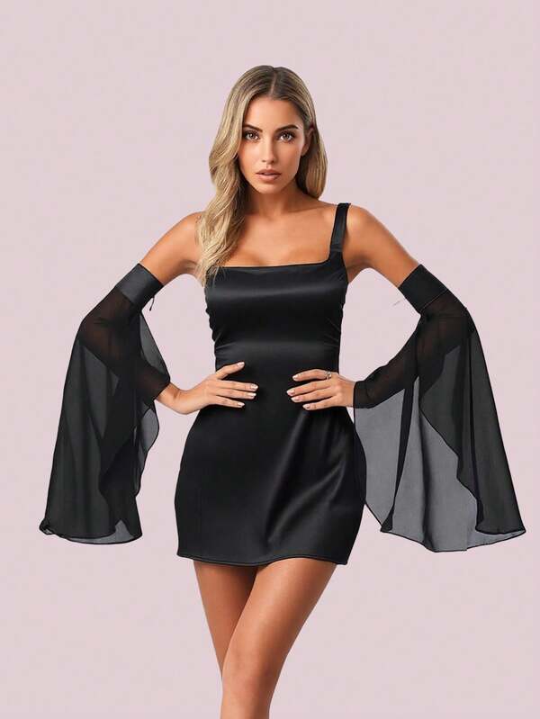 1pc Black Chiffon Puff Sleeve Goth Bride Sleeve Accessory, Polyester Casual Halloween Party Decoration Autumn Fall Winter Fall Arm Warmers