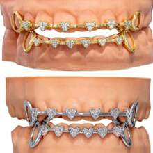 2pcs Hip Hop  Fashion Gold Teeth Micro Inlaid Heart Full Diamond Teeth Set Daily Street Personality Rap Accessories Suitable For Men And Women Daily Wear Exquisite Halloween Christmas Thanksgiving Holiday Gifts Birthday Gifts - Bạc - Xem 2
