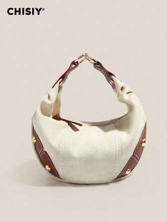 CHISIY 手工亚麻面料朋克铆钉装饰白色和棕色面料搭配 PU 新月形优雅经典紧凑型新月手提包，适合母亲节、情人节、音乐节礼物、办公室、婚礼、聚会、旅行、四季单肩包