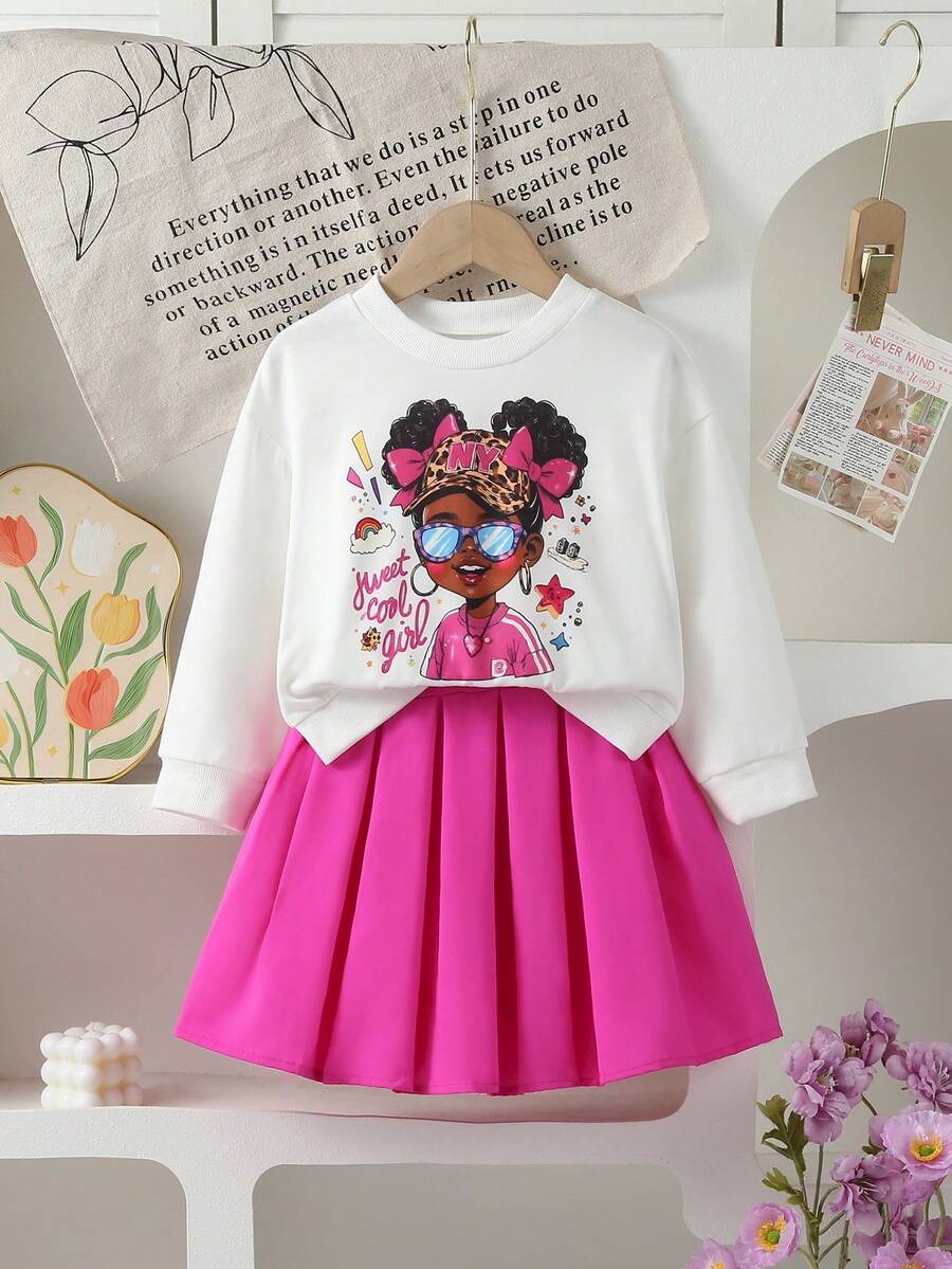 Nuevo conjunto de 2 piezas de estilo europeo y americano de moda: sudadera con capucha de manga abullonada con estampado de niña y falda plisada rosa - Blanco - Ver 1