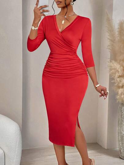 AIJ Amarilo Women's Fashionable Wave Prints Crisscross Wrap Three-Quarter Sleeves V-Neck Ruched Bodycon Dress(Random Print) Elegant Spring