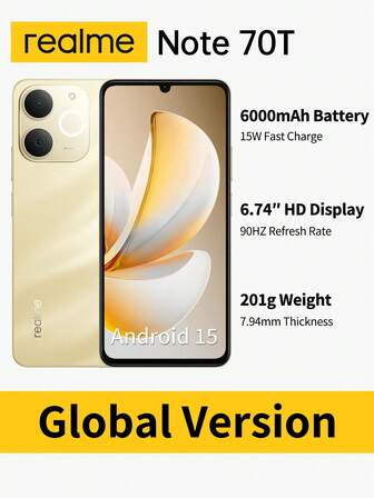 Realme Note 70T Global Unlocked Smartphone With ​Unisoc T7250 Octa-Core Chip 6.75" 90Hz HD+ Eye Comfort Display 6000mAh Long-Lasting Battery, 13MP Super Clear Camera IP54 Dust/Water Resistance,4GB+64GB/4GB+128GB/4GB+256GB(Black/Gold)