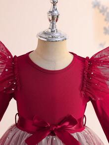 coviviky Vestido de tul con degradado de colores y decoración de estrellas para niña, diseño único con lazo en la cintura, puños acampanados de manga larga, uso casual y para fiestas