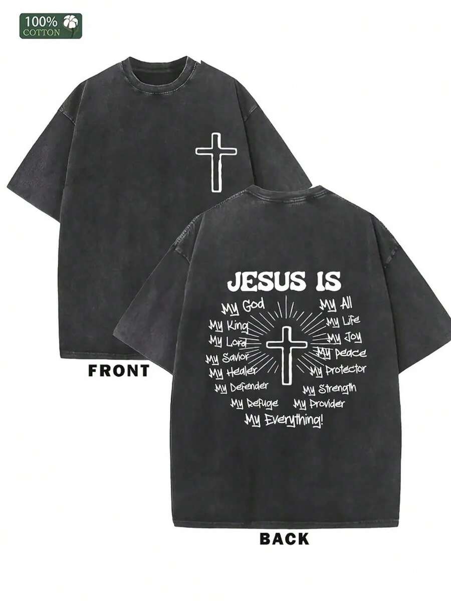 Jesus Is My God" Graphic Cotton T-Shirt - Dual-Sided Washed Retro Faith Design, 230G/ ㎡ , Round Neck, All-Season Casual Wear, Perfect Holiday Gift For Men, Allseason Apparel |   Faithinspired Design |   Cotton FabricRound Neck Cotton Women's T-Shirt - 黑色 - 查看 1