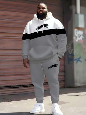 " Pattern Color Block" Plus Size Men's Hoodie Sweatsuit Set, Spring Autumn Winter Sports 2-Piece - Plus Size Loose Fit Comfortable Relaxed Style Hoodie + Jogger Pants, Street Hip Hop Versatile