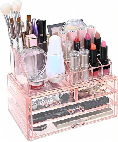 Ikee Design Acrylic Makeup Organizer With 4 Drawers And Removable Top Lipstick Holders, Ideal For Make-Up Or Accessories,Enhance Your Vanity Or Bathroom With Clear Design For Quick Visibility