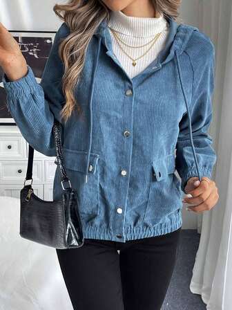 Women's Solid Color Corduroy Hooded Jacket, Ladies Autumn Corduroy Casual Long Sleeve Jacket, Women's Hooded Drawstring Pocket Single-Breasted Jacket