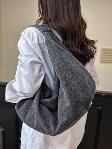 Túi đeo vai Hobo vải jeans màu trơn cỡ lớn mới, kiểu dáng đơn giản, sang trọng, dung tích lớn, có khóa kéo, thích hợp cho việc mua sắm, đi làm, đi học, sinh viên đại học, nhân viên văn phòng và tân binh, túi xách nữ phong cách tối giản - màu đen - Xem 2