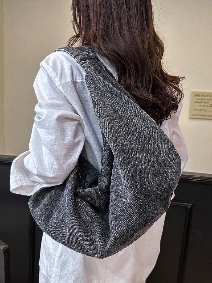 Túi đeo vai Hobo vải jeans màu trơn cỡ lớn mới, kiểu dáng đơn giản, sang trọng, dung tích lớn, có khóa kéo, thích hợp cho việc mua sắm, đi làm, đi học, sinh viên đại học, nhân viên văn phòng và tân binh, túi xách nữ phong cách tối giản