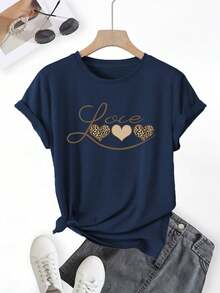 Women's Navy Blue Leopard Heart Print T-Shirt - Casual Round Neck Short Sleeve, Suitable For Valentine's Day, Ladies Top