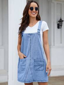 Womens Denim Overalls Dress Casual Summer Loose Bib Rompers Adjustable Straps Jean Overall Dress - Màu xanh nhạt - Xem 3