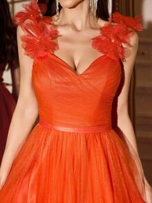 Elegant Women's Warm Orange High Waist Ruched Mesh Floral Decor Spaghetti Strap Flared Hem Bridesmaid Dress, Suitable For Weddings, Formal Occasions, Galas, Graduation Ceremonies, Dinner Parties