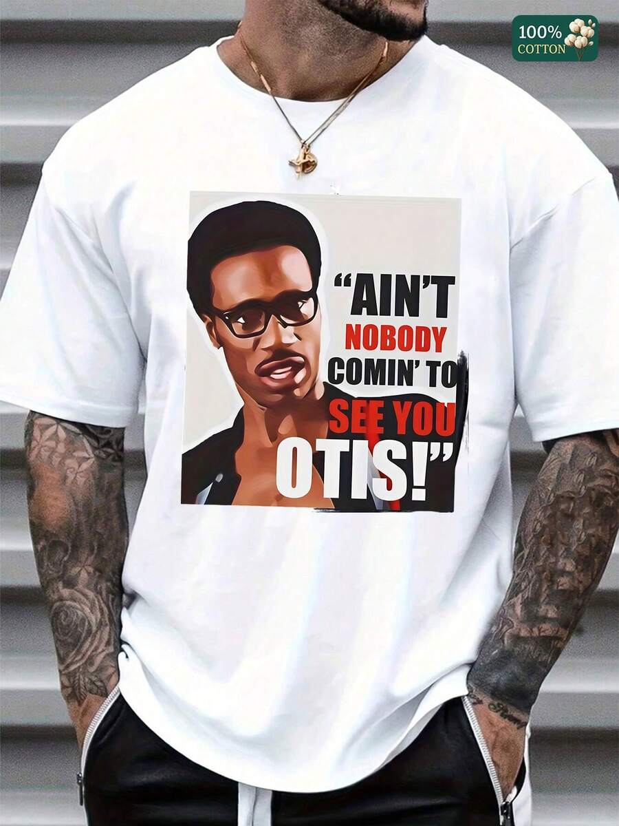 Men's Vintage Graphic T-Shirt With "Ain't Nobody Comin' To See You Otis" Retro Quote Print, Classic 90s Style, Bold Bla & Red Text, Soft  Cotton, Casual Everyday Wear For Men, Gift For Movie Fans, All-Day Comfort, Classic Fit, Pairs With Jeans & Shorts - 白色 - 查看 1