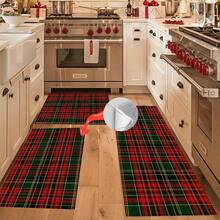 1pc Long/Short Christmas Theme Vintage Red And Green Plaid Pattern Printed Soft Imitation Cashmere Material TPR Backing Kitchen Mat,Door Mat,Bath Mat,Bedroom Mat,Dinging Room Mat,Home Decoration,Holiday Decoration,Christmas Decoration,Kitchen Decoration - Multicolor - View 10