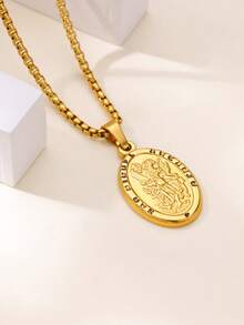 1Pc Vintage Gold Saint Medal Pendant Necklace For Women & Men, 18K Gold-Plated Stainless Steel Necklace, Religious Charm Necklace For Daily Wear