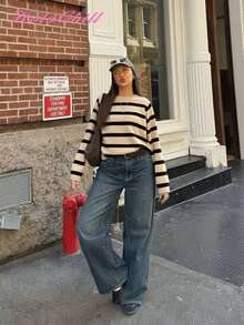 Pulover HoloChill pentru femei, casual, cu guler rotund, cu dungi, în culori blocate, model casual de vară, model nou, Carnaval