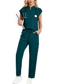 2pcs Set: Solid Color Notched Neck Batwing Sleeve Top And Long Pants Loungewear Spring - Dark Green - View 7