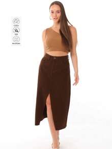 Damen einfarbiger, lässiger Knopf-Reißverschluss-Taschen-Büro-Knielanger Rock