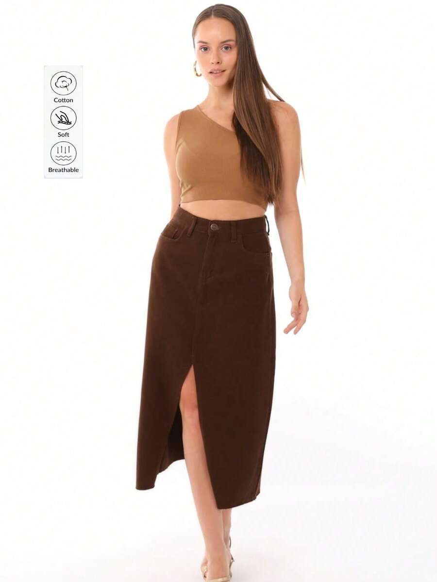 Damen einfarbiger, lässiger Knopf-Reißverschluss-Taschen-Büro-Knielanger Rock