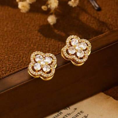 Hoa tai cỏ bốn lá xoay mạ vàng 18K, hoa tai đồng thời trang, thanh lịch và dễ thương, thích hợp đeo hàng ngày và đi tiệc