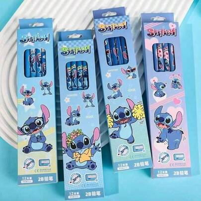 Disney 12pcs/Box New Cute Stitch Pencils, HB Pencils With Erasers And Sharpeners For Students And Kids, Random Delivery
