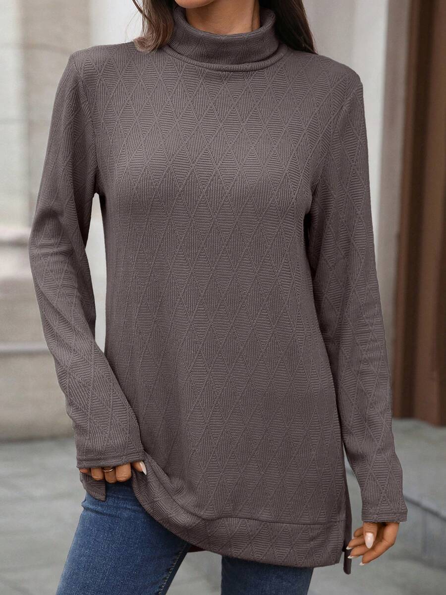 Womens Knit Tops Fall Long Sleeve Turtleneck Solid Color Slit Hem Casual Pullover Sweater - Coffee Brown - View 1